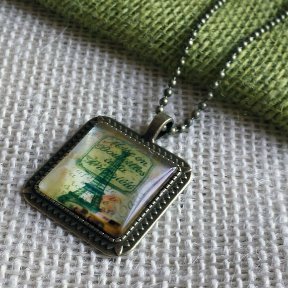 Paris France Eiffel Tower French Words Square Antiqued Brass Glass 27" Long Neck - Picture 1 of 3